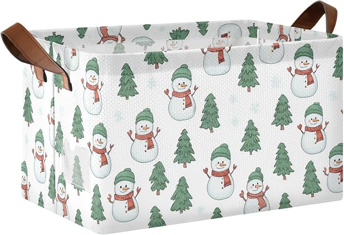 Cartoon Snowmen and Pine Tree Storage Basket Foldable Cube Storage Bins with Handles&Label Waterproof Collapsible Organizer Box Bin Large Rectangle Decorative Baskets for Shelves Home Room Laundry