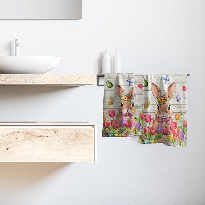 Giwawa Easter Bunny Hand Towels Tulip Floral Eggs Face Tea Towels Set of 2 Absorbent Microfiber Soft Dish Washing Cloth for Kitchen Bathroom Decor