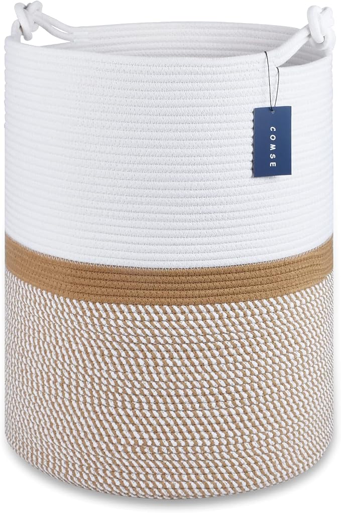 COMSE Tall Woven Blanket & Laundry Basket, 72L, Blend White & Camel | 15.7”x 21.7”, Cotton Rope, Large Nursery Hamper for Storage of Toys Clothes Towels, Great for Living Rooms Bedrooms Bathrooms