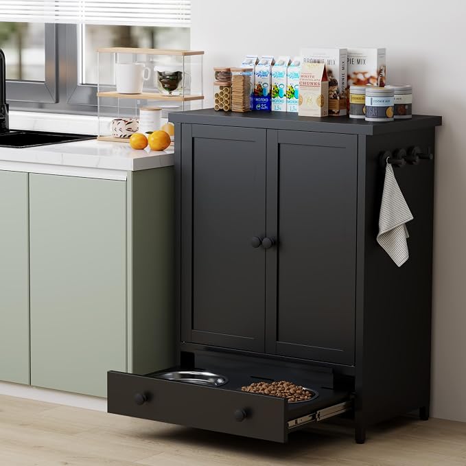 Dog Feeding Station with Storage, Metal Dog Food Storage Cabinet with 2 Elevated Bowls and 3 Hooks, Pet Feeding Station and Dogs Food Storage Organizer