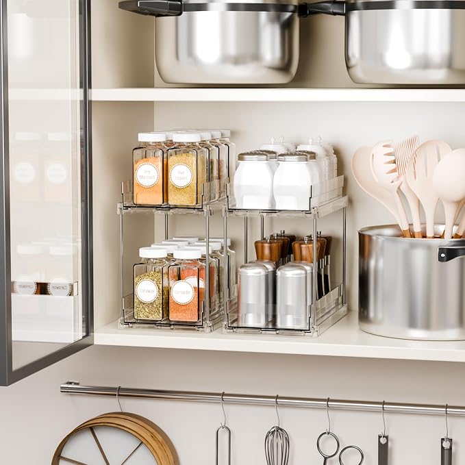2 Set,2 Tier Pull Out Cabinet Organizer for Supplement and Medication Bottle Organizers,10.4" Deep Pantry Organizers Drawer and Sliding Clear Under Sink Organizer for Bathroom Vanity and Under Counter