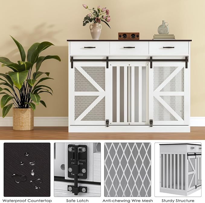 47 Inch Wooden Dog Crate Furniture for 2 Dogs with Removable Divider & Storage Drawers, Double Door Kennel for Medium and Extra Large Dogs, Farmhouse Dog Cage Side End Table for Indoor use, White