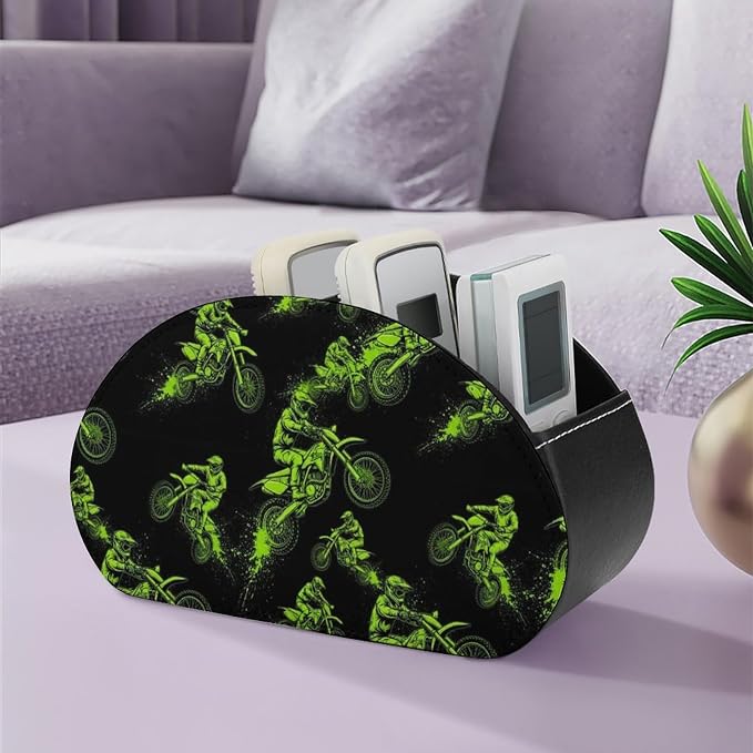 Remote Control Holder Motocross Rider Black 5 Compartment Table Organizer | PU Leather Desktop Caddy Box, Motocross Rider Extreme Sports Green Black, for Media Player, Stationery, Office Accessories