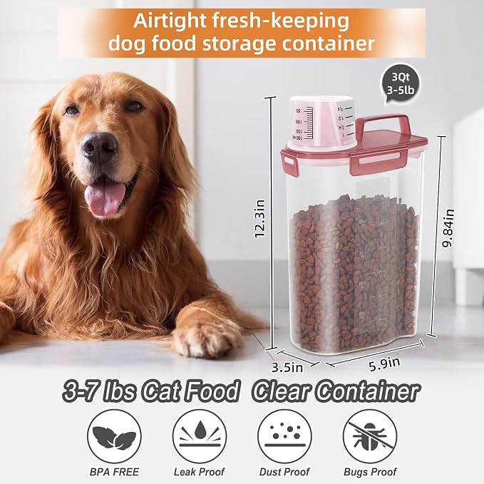 LEAWALK 3-5Lbs/3Qt Dog Cat Storage Container Portable with Upgraded Large Spout and Cup. Plastic Pet Food Dispenser for Small Animal Kibble, Bird Seed, Oatmeal, Rice, Flour, Brown Sugart (Clear PInk)