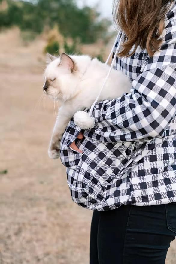 Pet Pouch Hoodie - Cat Dog Holder Sweatshirt Large Pocket Carrier Pullover Tops for Women (Black+White, Small)