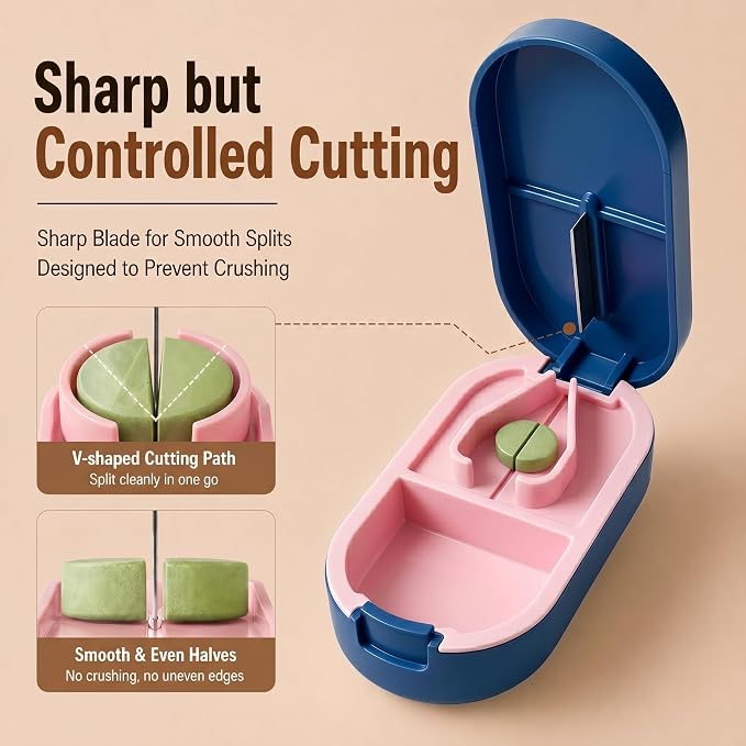 Pill Splitter for Accurate 1/2 Cuts – Sharp Blade, No Crushing, Easy to Use Tablet Cutter with Storage Compartment, Portable for Daily Medication, Seniors, Kids & Pets