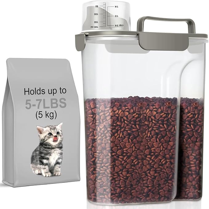 LEAWALK 5-7Lbs Cat Dog Pet Food Storage Container with Large Nozzle Design/4 Safety Buckles/Double-Layer Sealing Strips/Handle/Measuring Cup is Easy to Clean and Does -Khaki