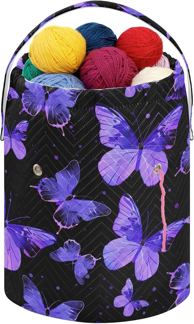 Fustylead Hand Draw Purple Butterflies Silhouette Large Crochet Organizer, Durable Polyester Drawstring Basket Yarn Storage Bag for Crochet Hooks, Knitting Needles, Project and Sewing Supplies
