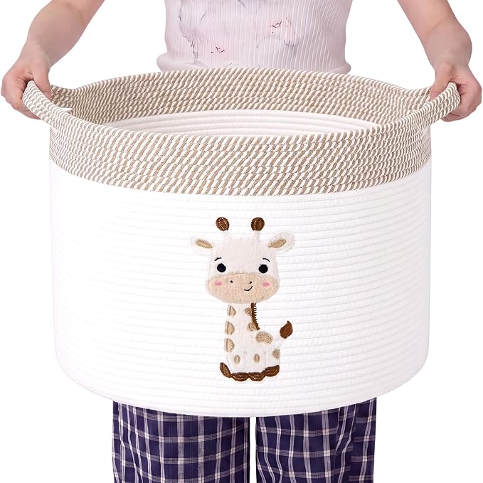 LemonRoad Extra Large Basket 20"x14", Woven Basket for Laundry Blanket Toy Box with Handle Storage, Blanket Storage for Living Room Nursery Pillows Chest(Cotton Rope,Giraffe,Brown White)