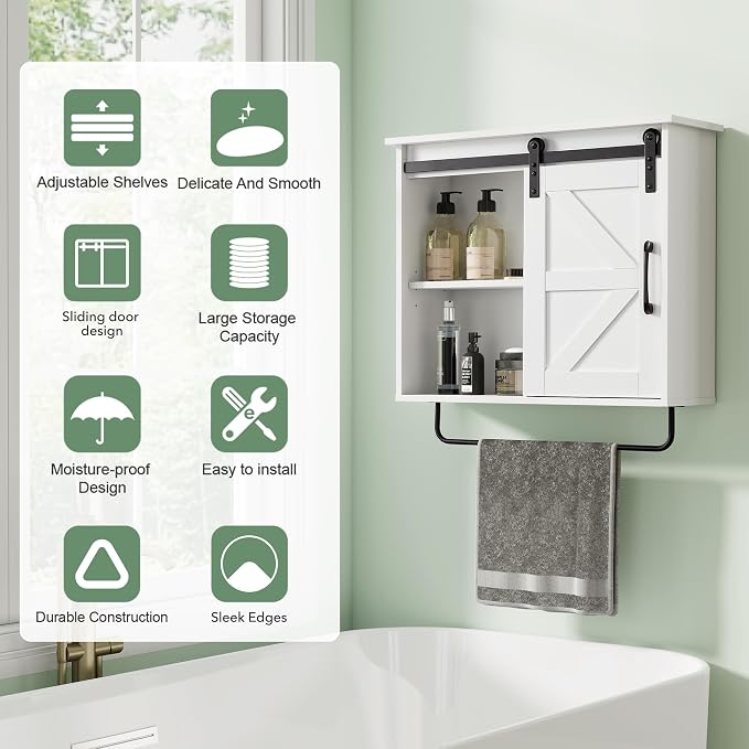 23" Bathroom Wall Cabinet with Sliding Door, Towel Bar & LED Light | 3-Tier Adjustable Shelves, Rechargeable Motion Light and Space-Saving Over-Toilet Storage for Bathroom, Laundry Room, Kitchen