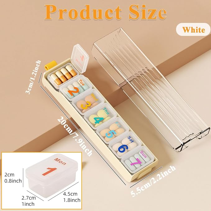 Pill Organizer Large, Weekly 7-Day Tablet Case Vitamin Dispenser | Travel Medicine Pill Box Holder Reminder Container for Medication, Tablets, Supplements, Fish Oil, Capsules (Cream White)