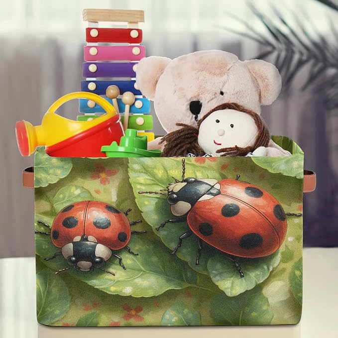 Green Leaf Ladybugs Storage Boxes Theme Storage Nursery Baskets with Handle Closet Collapsible Organizer Shelf Bins for Book Cloth 15 X 11 X 9.5 IN