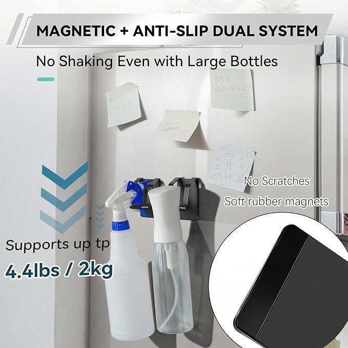 KIHOGEM Magnetic Spray Bottle Hanger | Stainless Steel Spray Bottle Holder with Strong Magnetic Backing for Refrigerator Grill RV 4pcs, Black