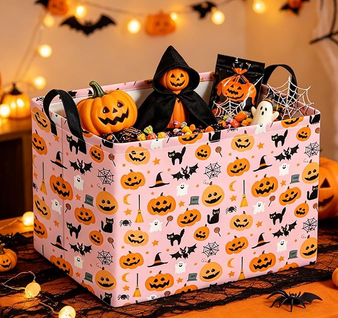 Rectangle Storage Basket with Handles,Collapsible Storage Bin,Books Box,Gift Basket(Pink Cat Halloween)