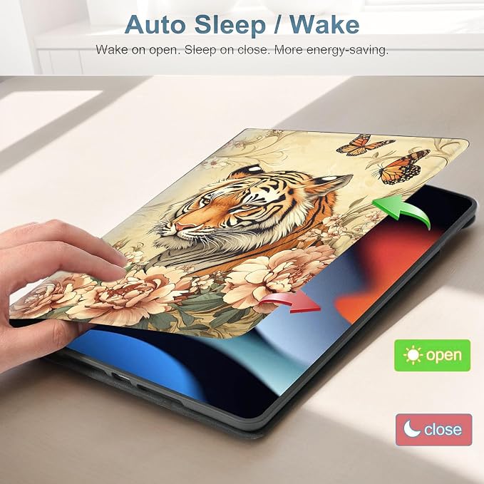 for Samsung Galaxy Tab A9 8.7 Inch 2023 (SM-X110/X115/X117) Tablet Protective Cover with Adjustable Stand and Magnetic Auto Wake/Sleep,Tiger