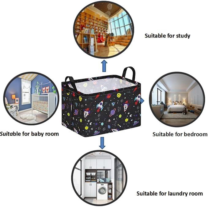 Rocket Space Kids Gifts Organizer Bin, Waterproof Lining, Leather Handles, Foldable Basket for Toys, Laundry, Blankets & Nursery Storage