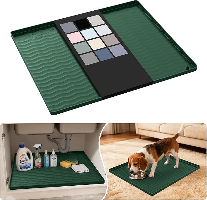 URMONA Waterproof Silicone Under Sink Mat 22'' x 19'' Shelf Liner for Kitchen and Bathroom, Cabinet and Counter Protector, Storage and Organizers, Litter Mat, Pet Cat Puppy Essentials(Green)