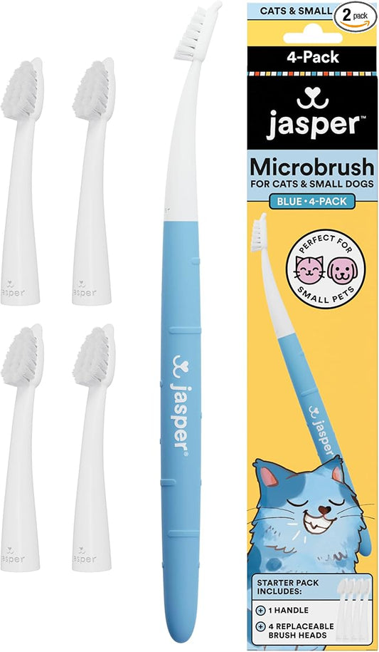Jasper Microbrush Vet Approved Cat Toothbrush, Soft-Bristled Toothbrush Kit for Felines & Small Dogs, Non-Slip Handle, Tooth Brush Heads, Use with Cat Toothpaste, 4-Pack Blue