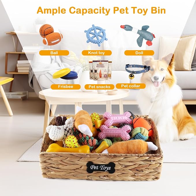 Trapezoid Pet Dog Toy Basket,Collapsible Dog Toy Bin,Wicker Basket for Dog Cat Toys,Pet Toy Box,Dog Storage Organizer for Leash Blanket Toys Snacks-Natural Farmhouse Water Hyacinth