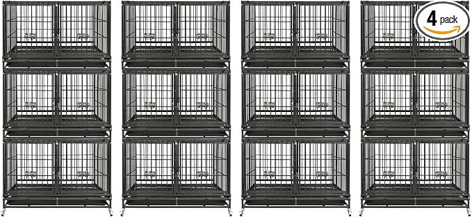 Homey Pet 4 Pack Three Tiers 43" Stackable Heavy Duty Double Dog Crate Bank | Commercial Modular Dog Kennel with Dual Front Doors, Divider, Auto Locks, Removable Tray, Bowls for Small and Medium Dogs