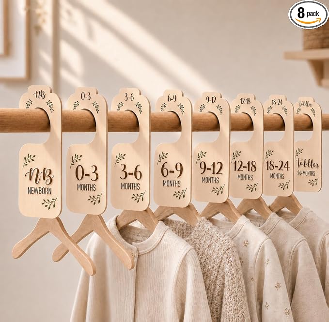 Baby Closet Dividers for Clothes Organizer - Set of 8 Beautiful Wooden Double-Sided Baby Clothes Size Hanger Organizer from Newborn to 24 Months for Boho Nursery Decor