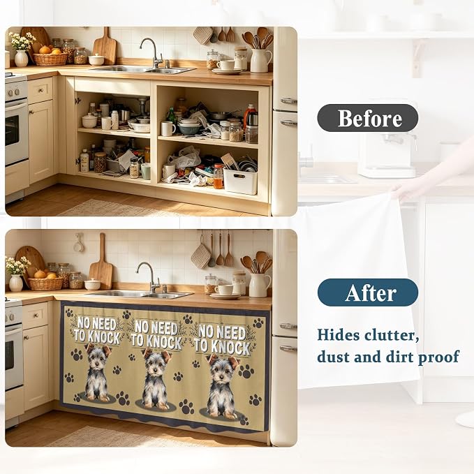 NO Need to Knock Sink Skirt for Bathroom, Self-Adhesive Under Sink Curtain, Terrier Puppy Paw Prints Pet Lover Farmhouse Hide Pipes & Storage Fabric Cabinet Skirt Cover for Kitchen Laundry 32"x55"