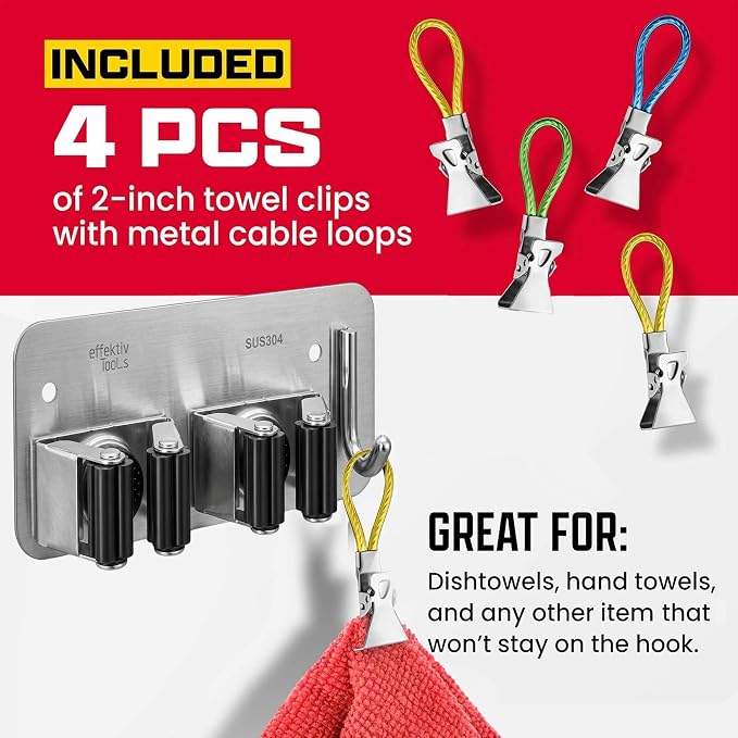 2 Pack Wall Mount Hanger for Brooms & Mops - Heavy Duty Adhesive Stainless Steel Utility Holder for Mops & Brooms, 2 Clamps, 1 Hook, & 4 Towel Hangers for Cleaning Organization & Storage