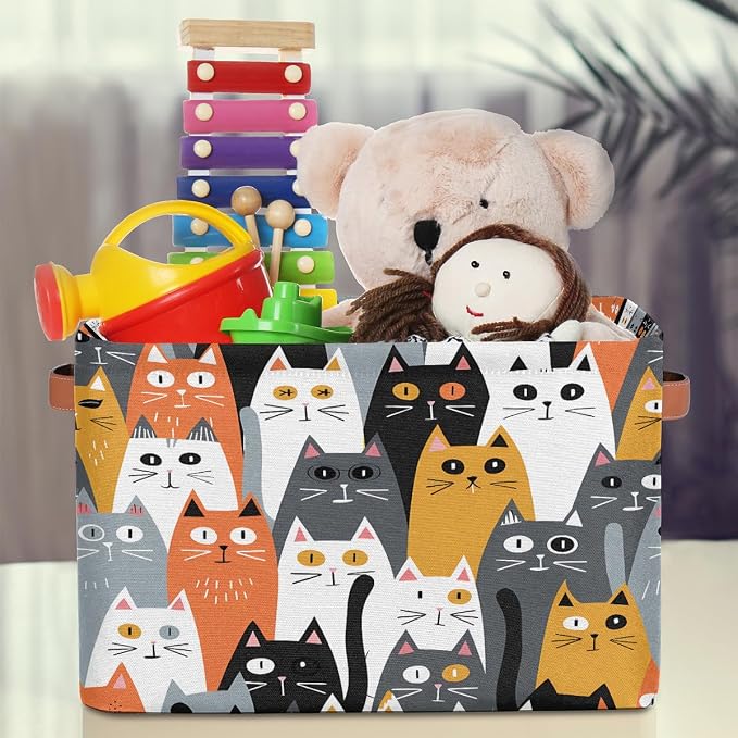 AUUXVA Storage Basket Cute Animal Cat Pattern Storage Cube Box Durable Canvas Collapsible Toy Basket Organizer Bin with Handles for Shelf Closet Bedroom Home Office