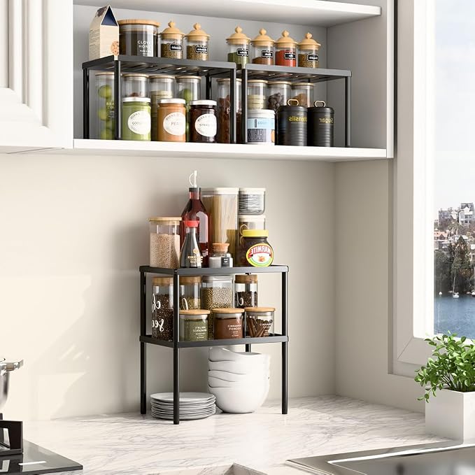 Cabinet Organizer Shelf, 2 Tier Kitchen Cabinet Organizer with Stackable Cabinet Shelves for Kitchen Countertop Storage, Metal Kitchen Shelf Organizer for Spice, Pantry & Under Sink