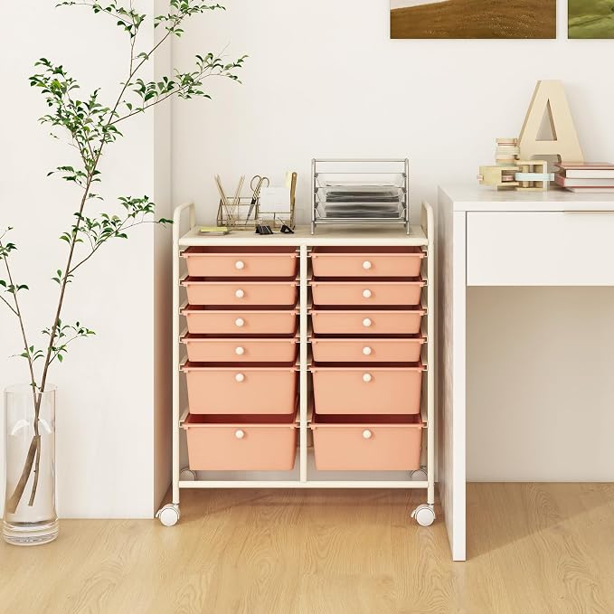 12 Drawer Rolling Storage Cart, Art Cart Organizer on Wheels, Mobile Utility Cart with Drawers, Multipurpose Craft Drawers for Home Office School Classroom (Peach)