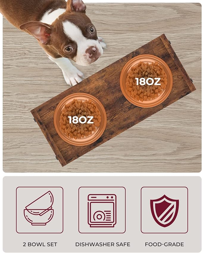 Elevated Dog Bowls, Raised Bowl Stand Adjustable Small, Rustic Brown | Particle Board Raised Feeder with 2 Stainless Steel Bowls, Adjustable Height for Small Puppies and Cats