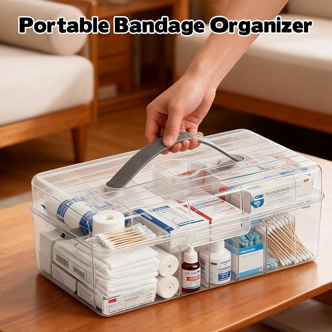Clear Plastic Bandages Storage Organizer, 2 Tiers Bandage Storage with Lid and Handle, First Aid Box, Large Portable Medicine Container Holder Empty, Suitable for Home, Office, Travel, School, Office