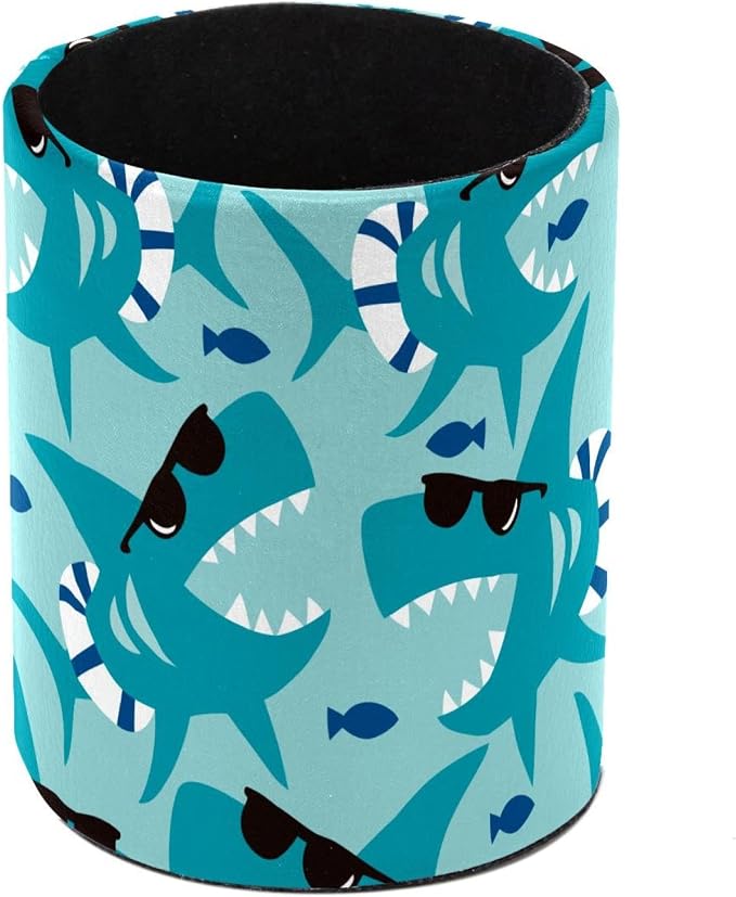 Desk Pencil Pen Holder, Cool Blue Shark with Black Sunglasses Pen Organizers for Desk Desktop Storage Stationery Supplies Cup Pot for Office School Home