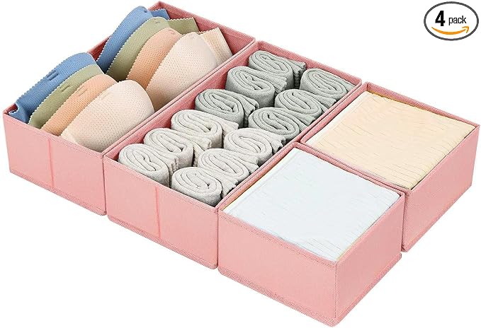 DIMJ Drawer Organiser System, Drawer Organiser, Foldable Storage Box, Fabric, Drawer Inserts for Wardrobes, Wardrobe Organiser for Trousers, Clothes, Set of 4, Pink