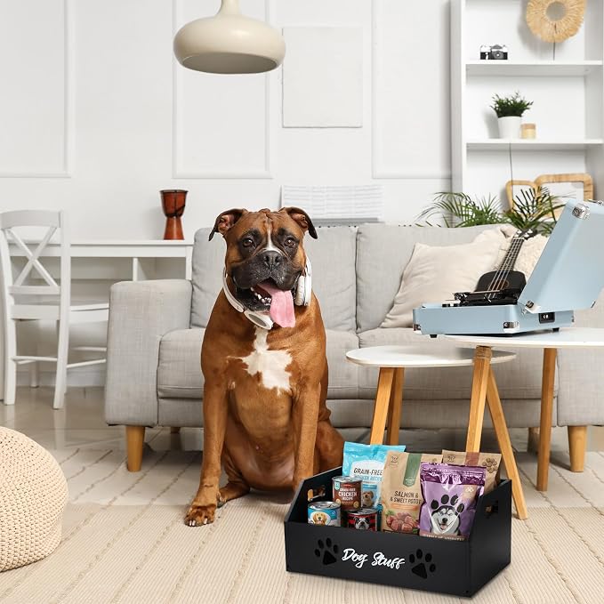 Leinuosen Large Dog Toy Bin Basket, 20 Inch Large Stuff Toy Storage Basket Bin with Bone Handle Cutout Pattern Pine Container for Organizing and Storage Dog Leash Chew Toys(Black, Undivided)