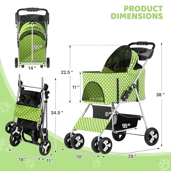 Magshion 3-in-1 Foldable Pet Stroller for Small to Medium Dogs and Cats | Dog Travel Jogger with Detachable Carrier, Cup Holder & Storage Basket, For Small/Medium Dogs & Cats Up to 33 lbs