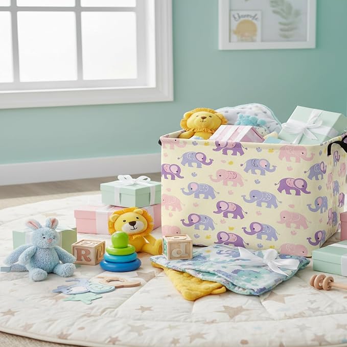 Kid Cute Rectangle Storage Basket Baby Toy Clothes Storage Bin Nursery Playroom Bedroom Decor Basket (Pink&Purple Elephant)