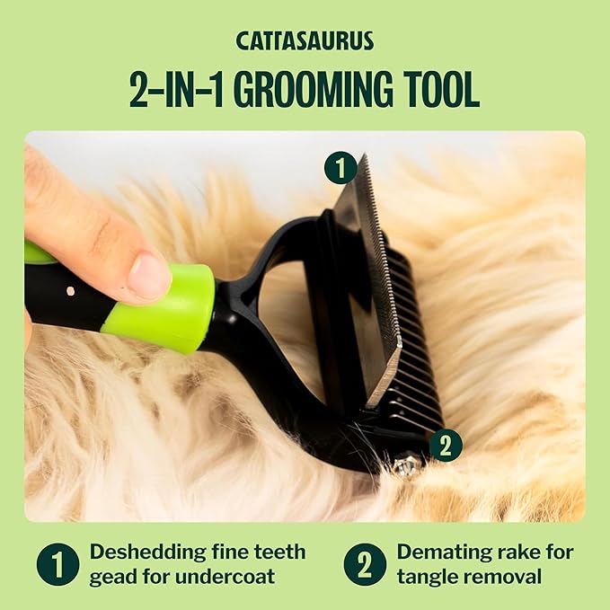 CATTASAURUS Cats & Dogs Grooming Brush for Shedding - 2 in 1 Deshedding Tool and Undercoat Rake for Long and Short Haired Dogs with Double Coat - Dematting Comb and Pet Hair Deshedder Supplies