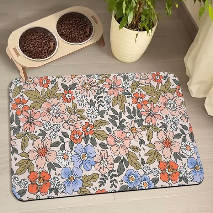 Dog Food Mats for Floors Waterproof, Cat Water Bowl Mats Pet Feeding Absorbent Placemats Flower 17 * 30 inch