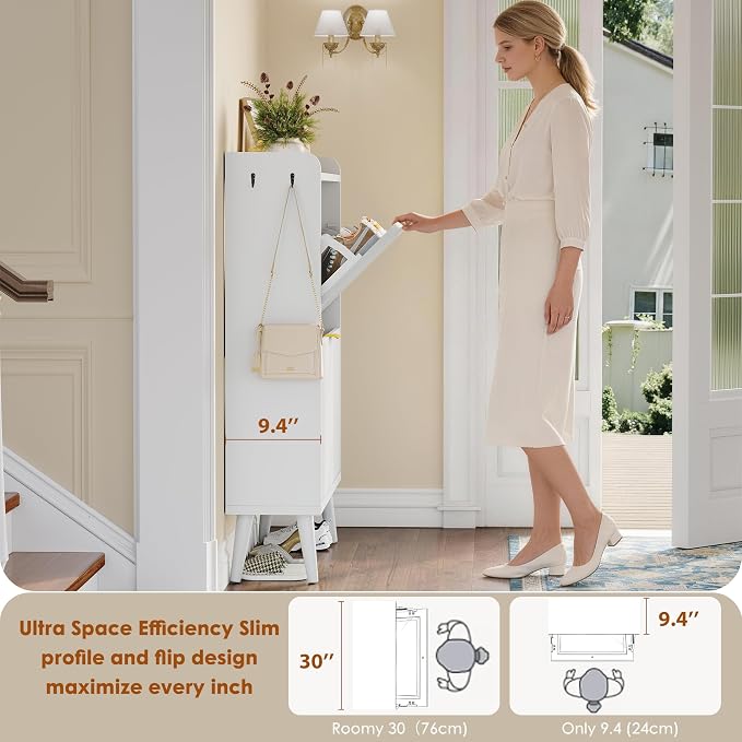 Shoe Storage Cabinet for Entryway with 2 Flip Drawers,Fluted Door | Shoe Organizer Cabinet with Adjustable & Removable Shelves,Narrow Shoe Cabinet for Foyer, Hallway, Living Room, 2 Hooks,White