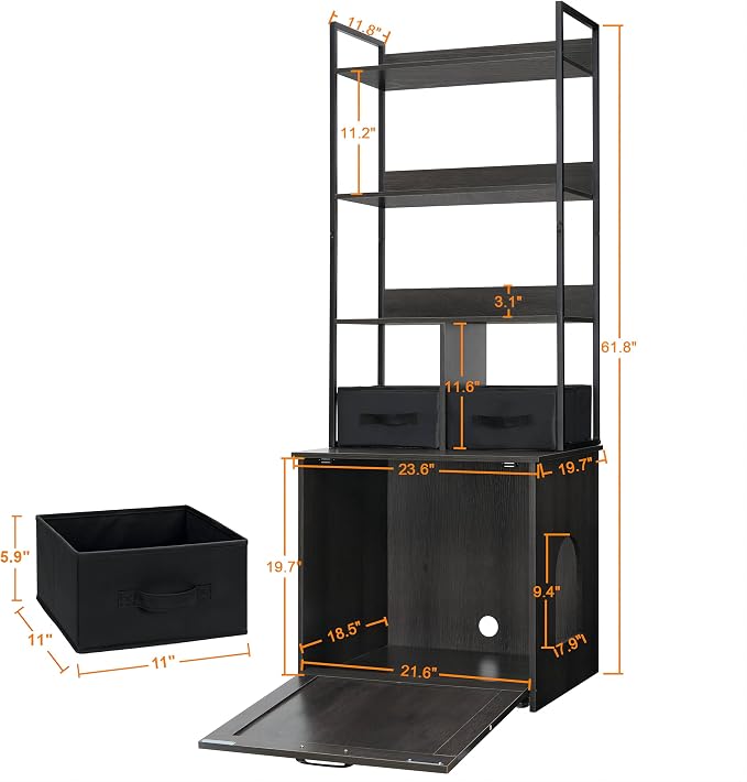 Dwanton Cat Litter Box Enclosure, 3 Storage Shelves and 2 Drawers, 61.8" H | 2-in-1 Hidden Cat Litter Box Enclosure Furniture with Shelf, Metal Frame, Reversible Entrance, Washable Drawers, Dark Grey