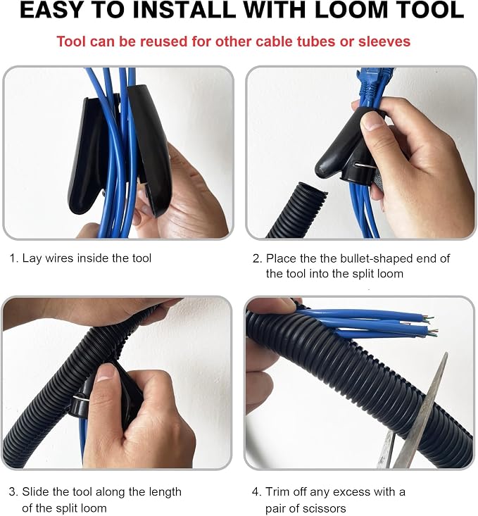 10FT - 3/4 Inch Split Wire Loom with Installation Tool - Black | Easy to Install, Flame-Retardant, Abrasion-Resistant Wire Cover for Automotive, Home & Office