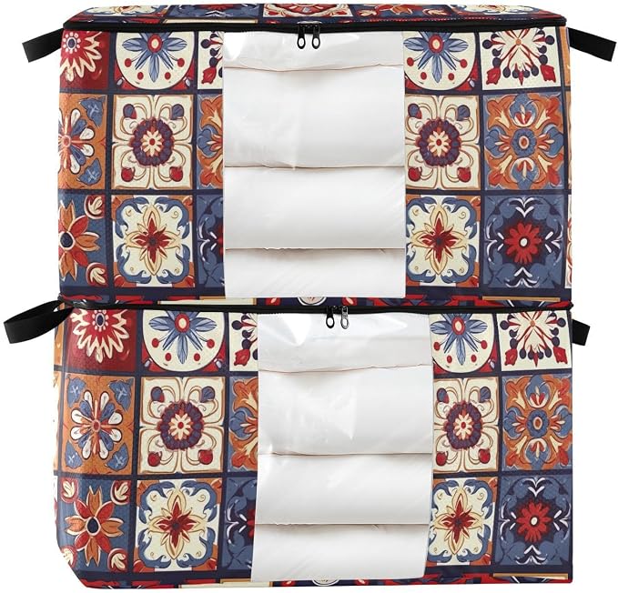 Generic Beige Mexican Tiles Clothes Storage Bag Bins 2 Pack Foldable Storage Containers Large Closet Organizer with Zipper Storage Cubes for Pillows Clothing Comforters 95L, g355896794p976c1037s2358