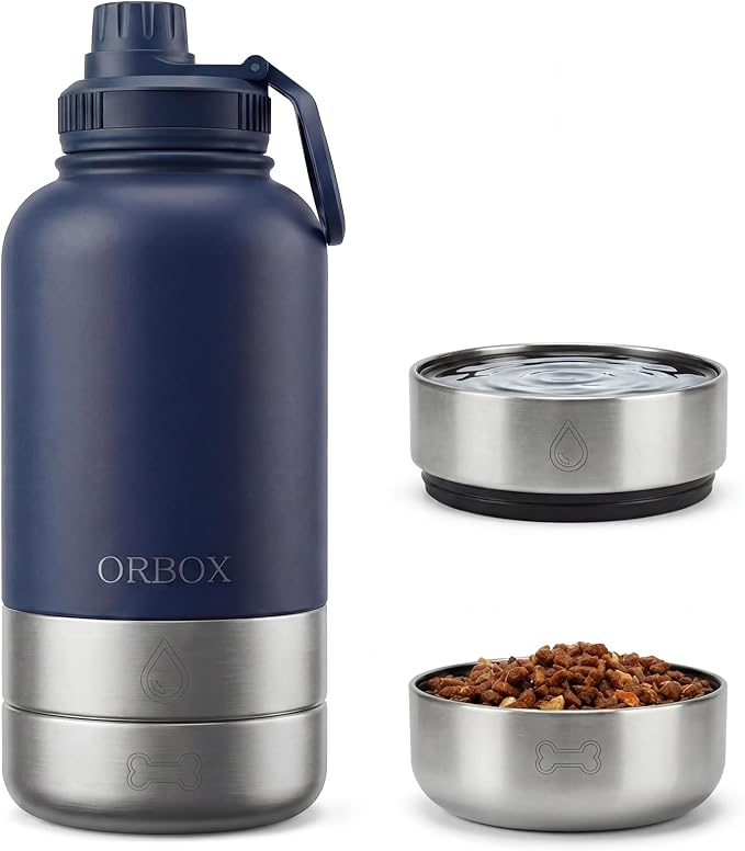 32oz Portable Dog Water Bottle with 2 Detachable Bowls for Small & Medium Dogs, Insulated Dog Travel Bottle for Walking and Road Trips (Dark Blue)