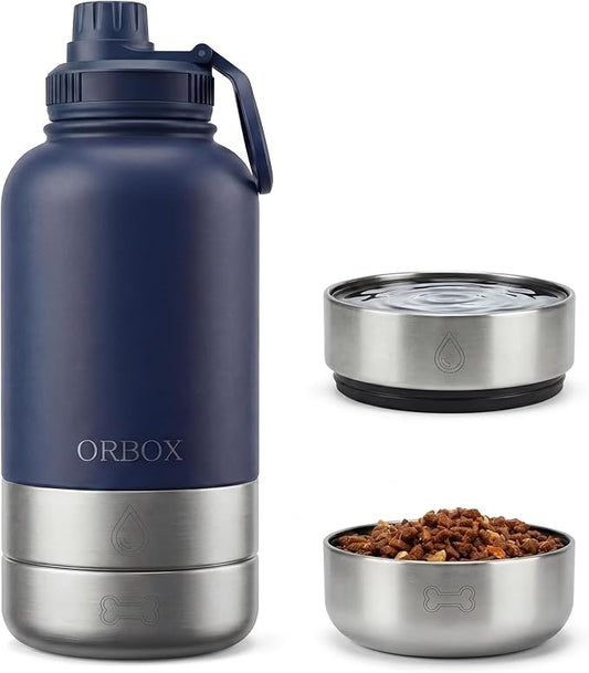 32oz Portable Dog Water Bottle with 2 Detachable Bowls for Small & Medium Dogs, Insulated Dog Travel Bottle for Walking and Road Trips (Dark Blue)