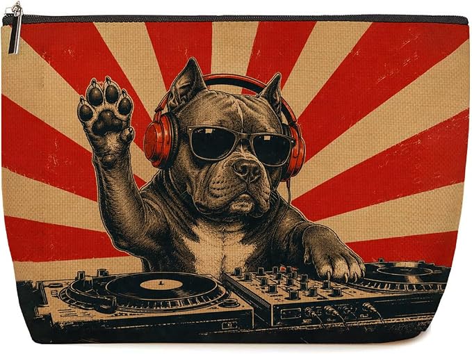 DJ Dog Music Makeup Bag Cool Pitbull Cosmetic Bag Gifts for Women | Cool Durable Travel Organizer Pouch for Women, Stylish Dog Lovers Gift, Retro Style Music Lover Animal Toiletry Bag