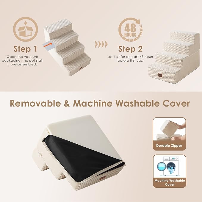 EHEYCIGA Dog Stairs for Bed 18" H, 4-Step Dog Steps for High Bed, Beige | Pet Steps for Small Dogs and Cats, Non-Slip Balanced Pet Ramp Indoor