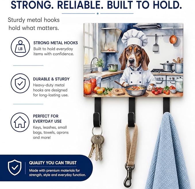 Caroline's Treasures American English Coonhound The Chef Leash or Key Holder Wall Hooks, Key Hooks Holder, Coat Rack Wall Mount, Coat Hooks, Hooks for Hanging Keys, Towels, Aprons, Leashes | American English Coonhound The Chef artwork on ceramic tile w...