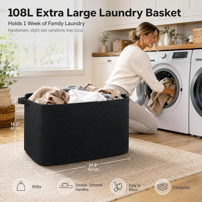 OIASKET 108L Extra Large Blanket Basket Living Room, 24.8" x 16.2" x 16.2" | Rectangle Woven Laundry Hamper, Nursery Blanket Storage Living Room, Toy Storage With Handle, Large Baskets for Organizing