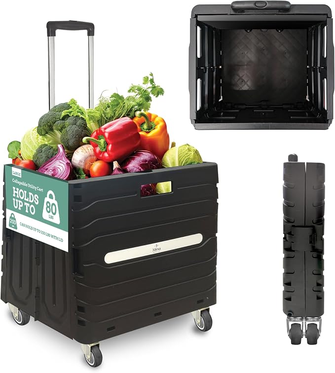 Inspired Living Collapsible Folding Utility Cart, Heavy-Duty Rolling Crate with 360° Wheels, Telescoping Handle, Hidden Lid, Holds 200 Lbs, Black